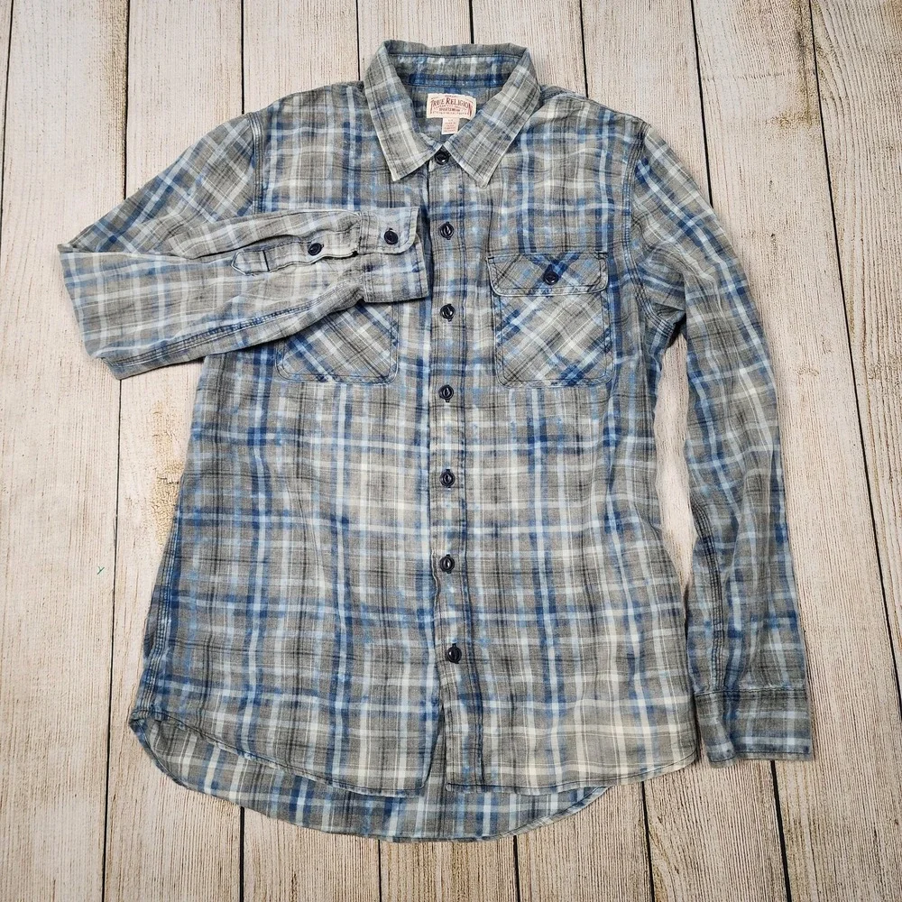 True‎ Religion Men's Plaid Button Front Long Sleeve Shirt Mens Size S